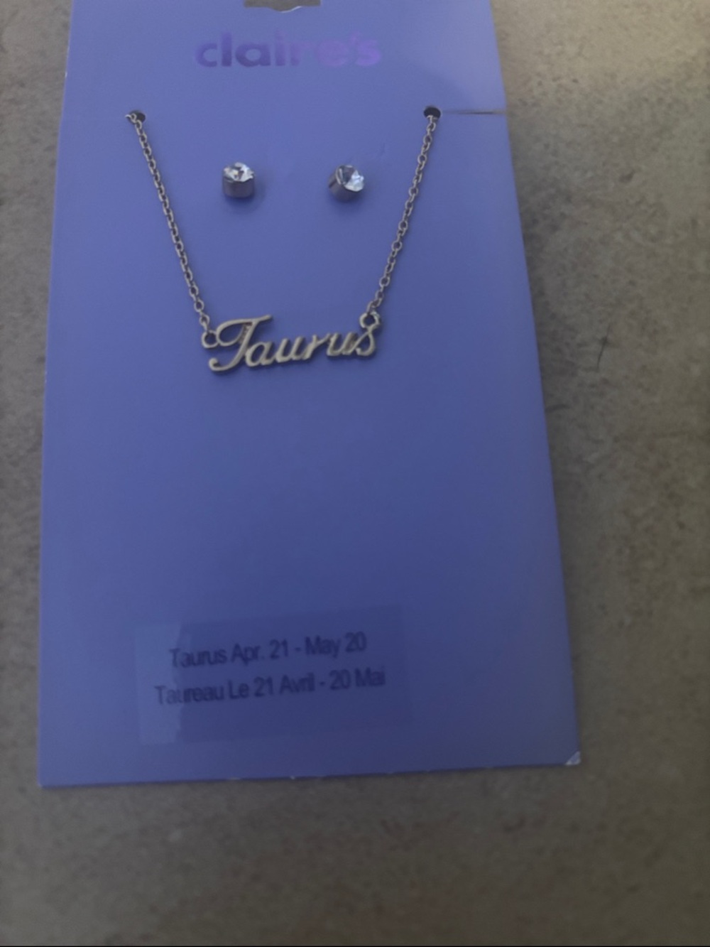 Gold Taurus Nameplate Necklace with Clear Stud Earrings